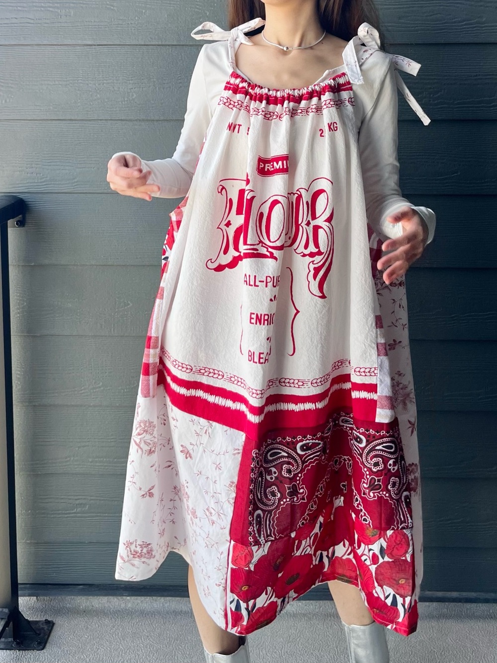 Handmade Quilted Flour Sack Patchwork Sundress with Shoulder Ties SKU 05037 - Picture 9 of 16